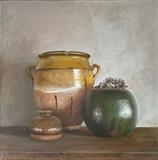 Confit Pot and Sedum by Linda Brill, Painting, Oil on canvas